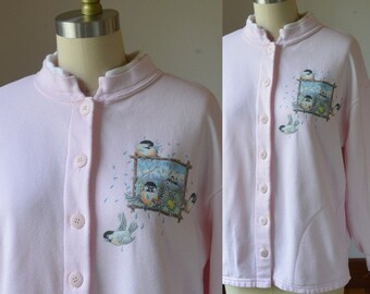 90's Vintage Songbird Themed pink Sweatshirt With Pockets Size Small, Vintage Campy Sweatshirt Cardigan, Graphic Sweatshirt Size Small