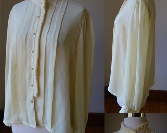 Classic Vintage 1980's Yellow Dress Blouse Size Large By Jeff Laurent, Yellow Dress Blouse With Ruffled Collar And Cuffs Size Women's Large