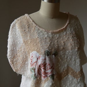 80's Vintage Oversized Short Sleeve Sweater With Embroidered Rose Size Large By Erika image 3