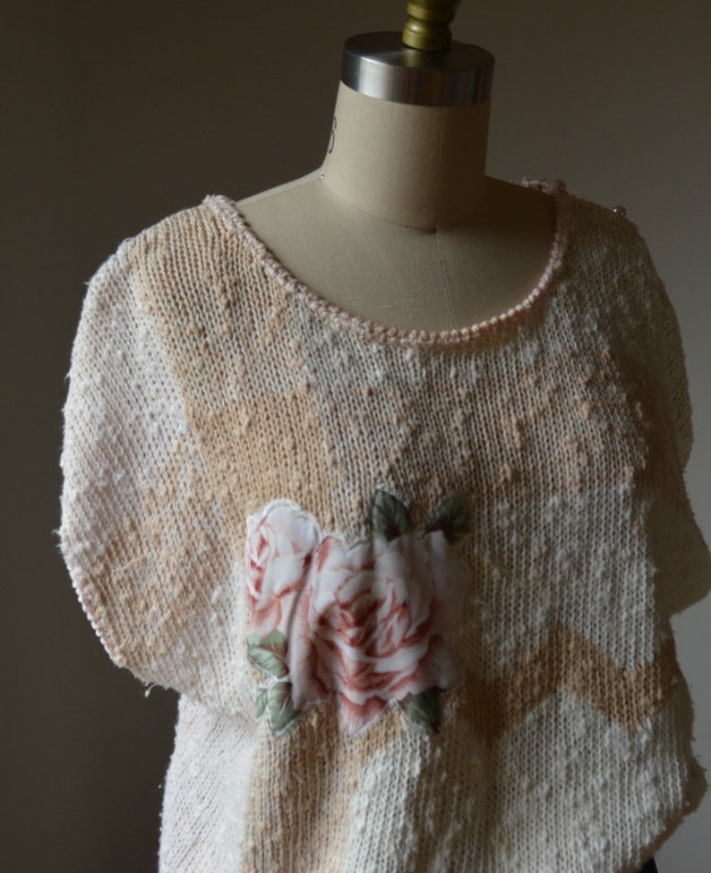 80's Vintage Oversized Short Sleeve Sweater With Embroidered Rose Size Large By Erika image 3