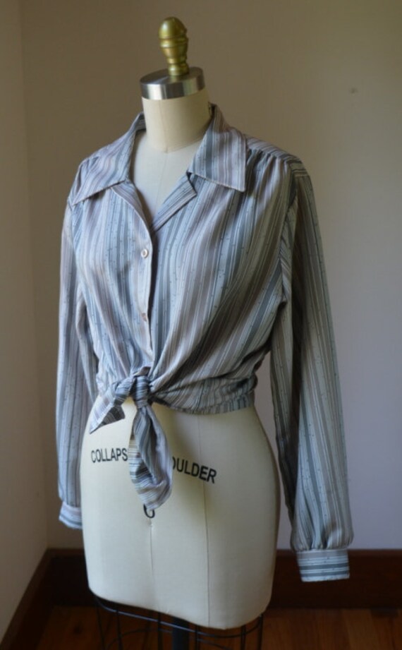 1970's Gray Striped Long Sleeve Dress Blouse By T… - image 9