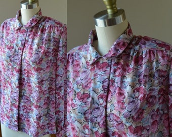 1970's Vintage Pink Floral Blouse Women's Size Large, Vintage Brightly Colored Pink Blouse Women's Size Large