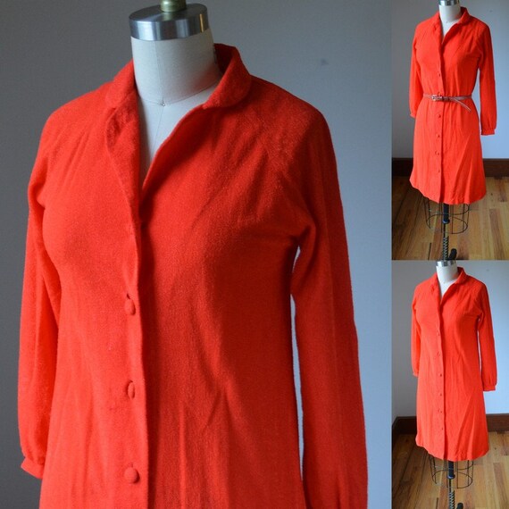 Vintage Bright Red Long Sleeve Terry Cloth Dress Size… Gem