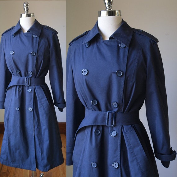 80's Vintage Navy Blue Lined Trench Coat With Wais