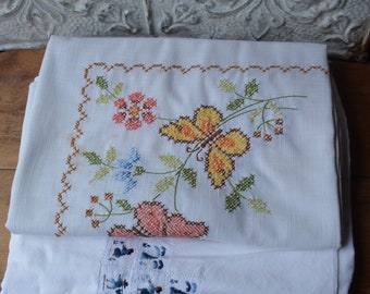 Collection Of Two Embroidered Vintage Tablecloths, Embroidered Tablecloths