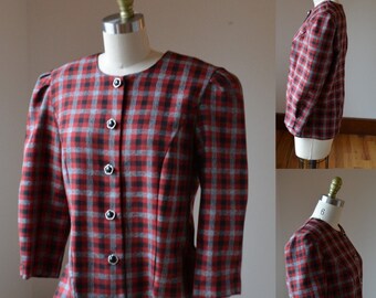 Vintage Red Plaid Button Down Blazer Women's Medium By Good Times, Vintage Red Tartan Plaid Blazer Size Medium