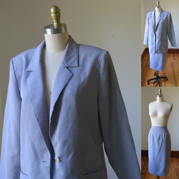 1990's Two Piece Blue and White Skirt Suit Size 1… - image 1