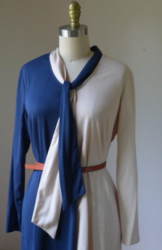80's Bicolor Long Sleeve Dress With Neck Tie By S… - image 9