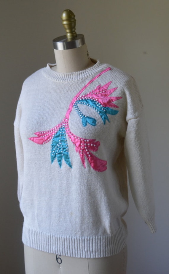 1980's Cream Bedazzled Pullover Sweater Size Smal… - image 2