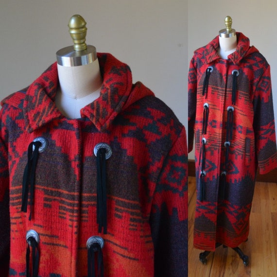 1990's Vintage Deep Red Southwestern Style Hooded… - image 1