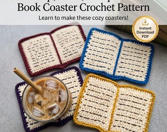Crochet Book Coaster Pattern, Sip Read Repeat Coaster, Book Lover Gift, Bookish Crochet PDF, Reading Coaster, Instant Download