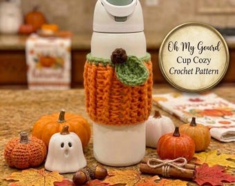 Oh My Gourd Cup Cozy Crochet Pattern | Pumpkin Coffee Sleeve & Water Bottle Cozy Pattern