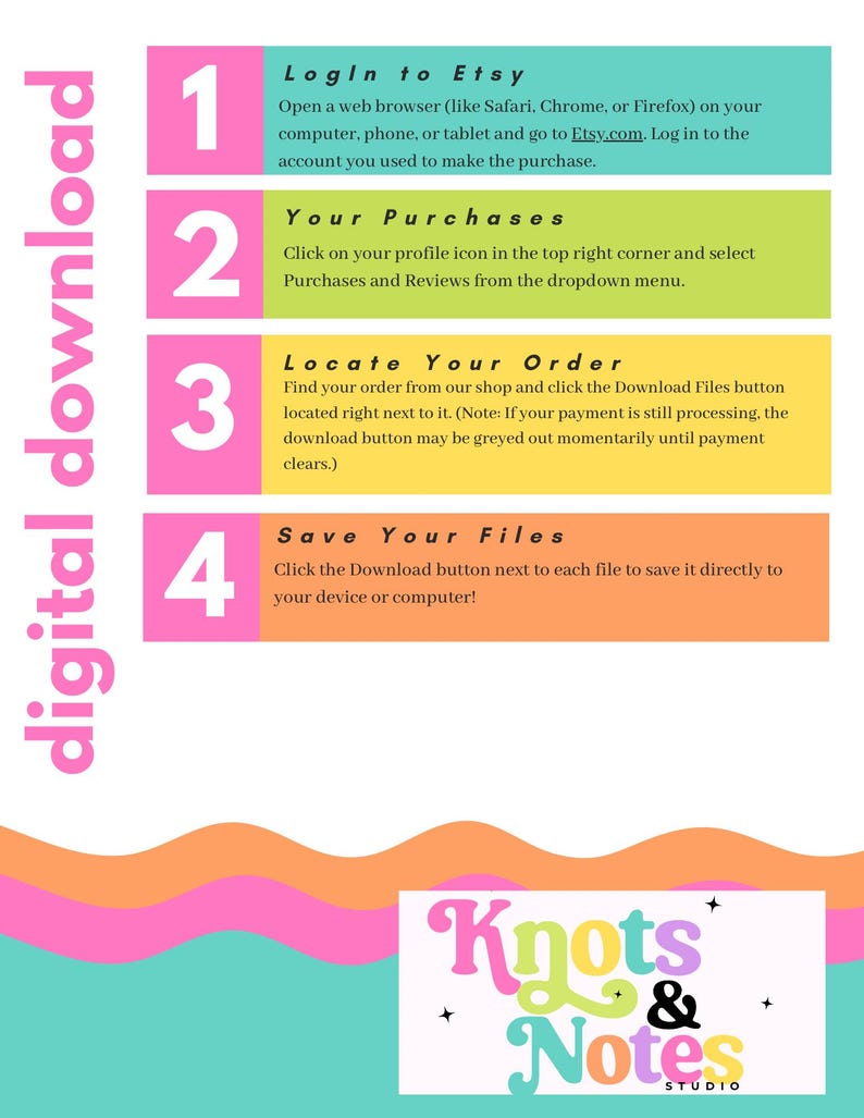 May include: An instructional graphic for a digital download with four numbered steps in pink, teal, lime green, yellow, and orange. The text outlines how to log in to Etsy, access purchases, locate an order, and save files. The logo Knots & Notes Studio is at the bottom.