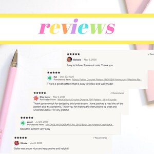 May include: A graphic display featuring the word reviews in a multi-coloured gradient font, positioned above a series of six five-star customer reviews. A light pink pen is visible on the left side, and the text includes various feedback comments.