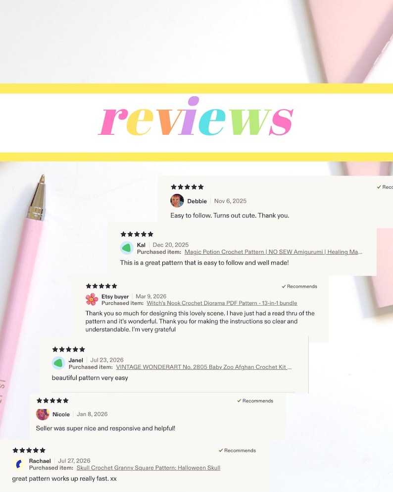 May include: A graphic display featuring the word reviews in a multi-coloured gradient font, positioned above a series of six five-star customer reviews. A light pink pen is visible on the left side, and the text includes various feedback comments.