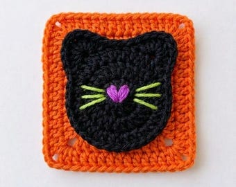 Spooky Black Cat Granny Square Crochet Pattern - PDF Digital Download - Halloween Cat Afghan Block Motif
