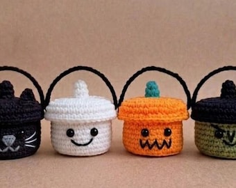 Halloween Treat Bucket Crochet Pattern PDF, Mini Boo Buckets, 4 in 1 Pattern