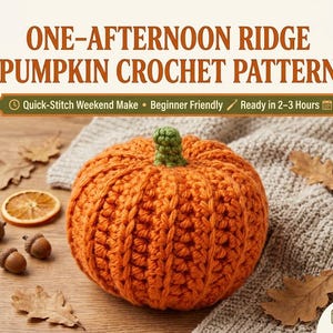 May include: A crochet pumpkin with a ribbed orange body and a small green stem. The text reads: ONE-AFTERNOON RIDGE PUMPKIN CROCHET PATTERN. Quick-Stitch Weekend Make, Beginner Friendly, Ready in 2-3 Hours. The pumpkin is surrounded by dried leaves.