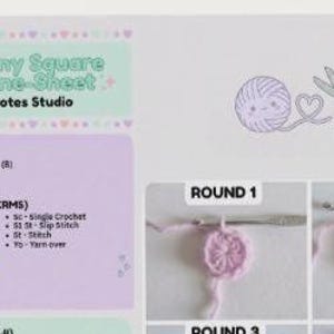 May include: A crochet pattern sheet titled "Basic Granny Square Pattern One-Sheet" by Knots & Notes Studio. The sheet includes materials, abbreviations, and step-by-step instructions with images for rounds 1-4. The color scheme is pastel lavender and mint.