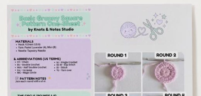 May include: A crochet pattern sheet titled "Basic Granny Square Pattern One-Sheet" by Knots & Notes Studio. The sheet includes materials, abbreviations, and step-by-step instructions with images for rounds 1-4. The color scheme is pastel lavender and mint.