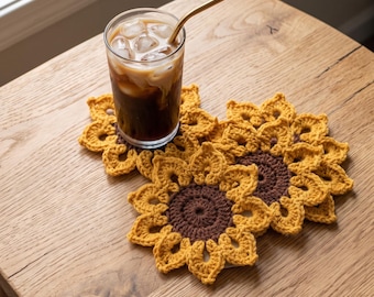 Amber Harvest Sunflower Coasters Crochet Pattern | Vintage Fall Coaster Set, Cozy Cottagecore Decor, Easy Floral Mug Rug PDF Download