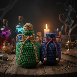 Puede incluir: Dos botellas de poción de ganchillo, una verde y otra azul, sobre una mesa de madera. La botella verde tiene un tapón y lazo marrón, la azul un lazo burdeos. Otras botellas y una vela encendida en el fondo.