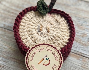Autumn Apple Slice Coaster Crochet Pattern PDF | Easy Rustic Fall Drink Coaster Crochet Tutorial | Instant Download