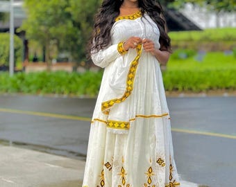 Ethiopian Habesha Kemis Handwoven Cotton Traditional Dress with Tibeb Embroidery African Heritage Fashion