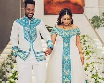 Handwoven Habesha Kemis Wedding set Ethiopian Bridal & Groom Outfit