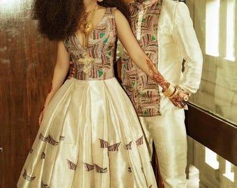 Handwoven Ethiopian Wedding Outfit: Habesha Kemis with Tibeb Embroidery