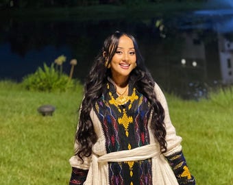 Handwoven Axum Kemis Dress: Ethiopian Tibeb Embroidery Cotton Dress