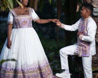 Handwoven Ethiopian Wedding Outfit: Habesha Kemis with Tibeb Embroidery