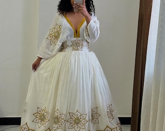 Ethiopian Habesha Kemis Handwoven Cotton Traditional Dress with Tibeb Embroidery African Heritage Fashion