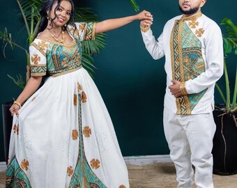 Traje de boda etíope tejido a mano: Habesha Kemis con bordado Tibeb