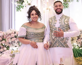 Conjunto de boda Habesha Kemis tejido a mano traje de novia y novio etíope