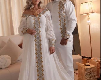 Ethiopian Couple Outfit – Matching Habesha Kemis & Men’s Attire Set | Handwoven Cotton Clothing from Ethiopia