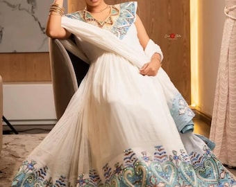 Ethiopian Habesha Kemis Handwoven Cotton Traditional Dress with Tibeb Embroidery African Heritage Fashion