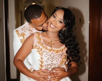 Handwoven Habesha Kemis Wedding set Ethiopian Bridal & Groom Outfit