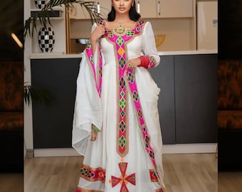 Ethiopian Habesha Kemis Handwoven Cotton Traditional Dress with Tibeb Embroidery African Heritage Fashion
