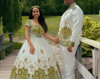 Conjunto de boda Habesha Kemis tejido a mano traje de novia y novio etíope