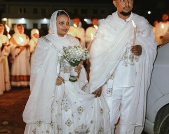 Conjunto de boda Habesha Kemis tejido a mano traje de novia y novio etíope