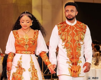 Handwoven Ethiopian Wedding Outfit: Habesha Kemis with Tibeb Embroidery