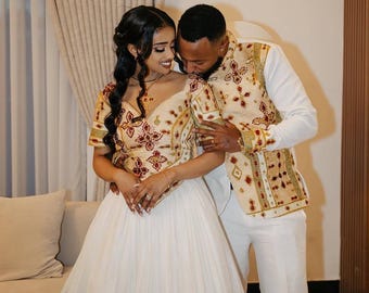 Traje de boda etíope tejido a mano: Habesha Kemis con bordado Tibeb