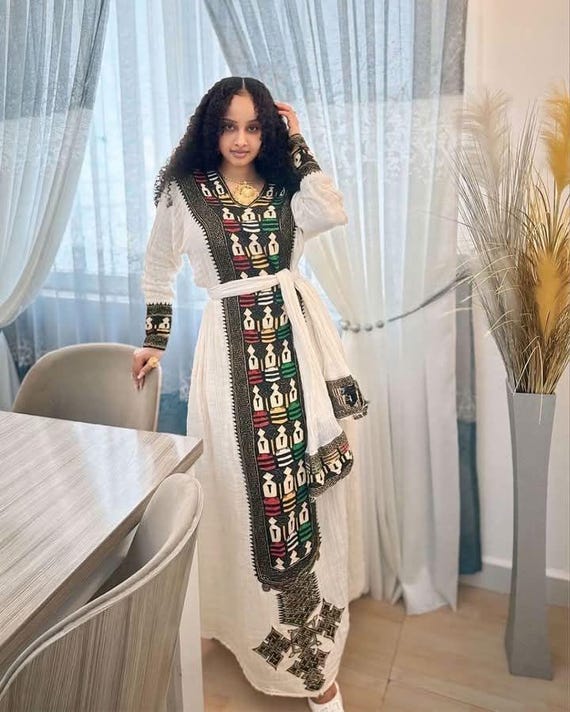ethiopian cotton dress Handwoven Ethiopian Cotton Dress: Axum Kemis With Tibeb Embroidery