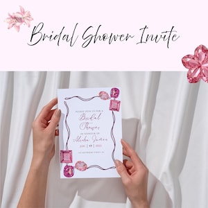 Invitación para despedida de soltera con temática de joyas y gemas rosas, plantilla editable de Canva (para imprimir y usar en dispositivos móviles).