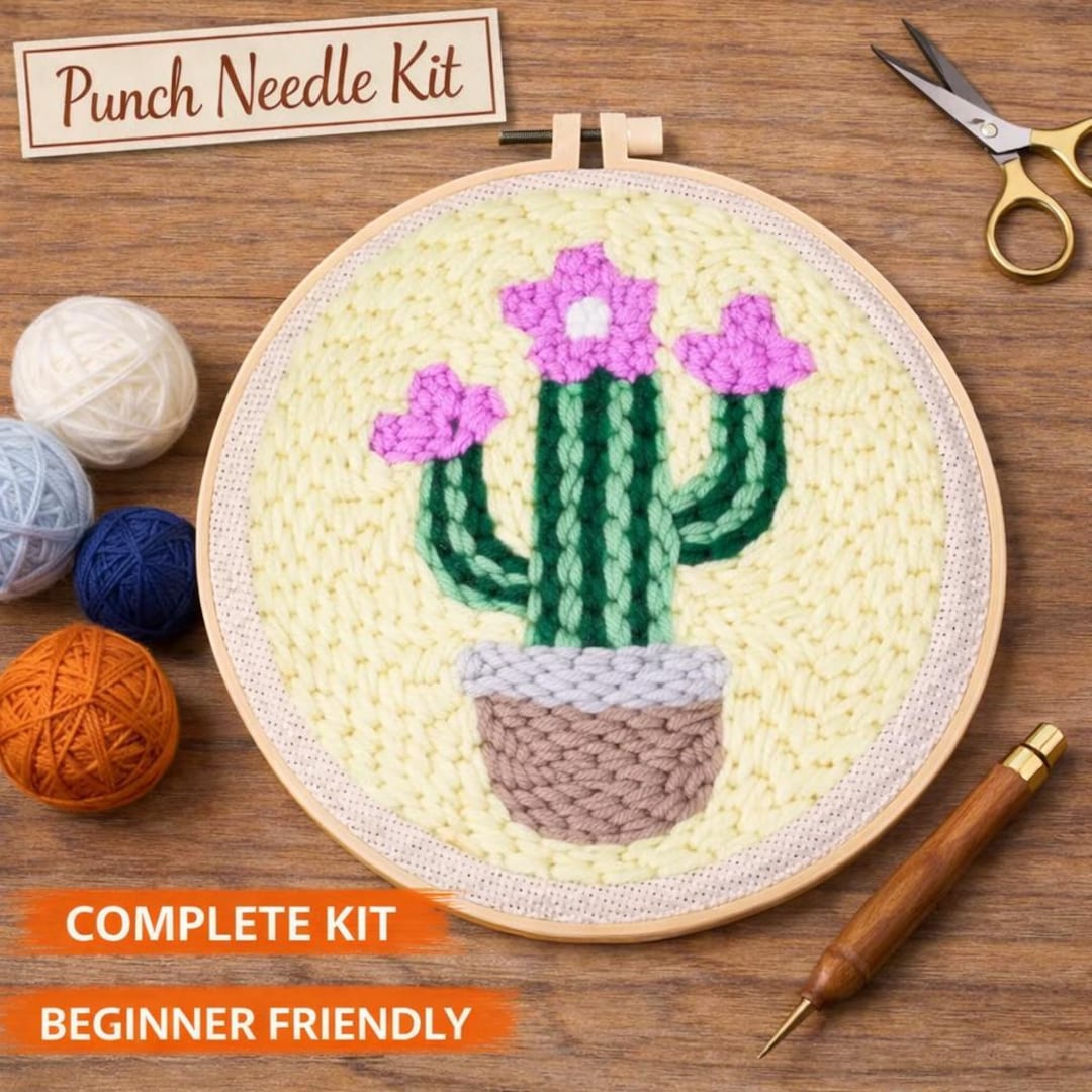 Flowering Cactus Punch Needle Kit, Pink Desert Fiber Art Craft ...