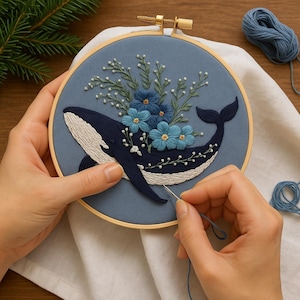 Floral Whale Embroidery Kit – Beginner DIY Needlework Gift