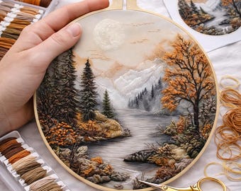 Mountain River Embroidery Kit for Beginners – 15cm Scenic Landscape Hand Embroidery DIY