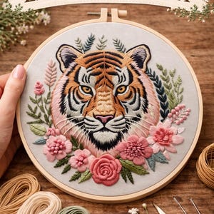May include: Embroidery kit featuring a tiger design with floral accents. The tiger is embroidered in shades of orange, black, and white, surrounded by pink and green flowers. The kit includes embroidery floss, needles, and scissors.