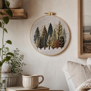 Puede incluir: Un tapiz de pared bordado redondo que representa un bosque con &aacute;rboles en tonos verdes, marrones y dorados. El bordado est&aacute; en un aro de madera y cuelga de una pared de color neutro. Una taza de cer&aacute;mica y libros est&aacute;n sobre una mesa de madera.